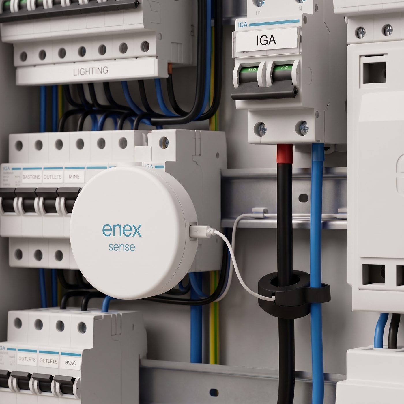 Enex Sense montado en el carril de un cuadro eléctrico doméstico, junto a los magnetotérmicos, con la pinza amperimétrica abrazando el cable principal
